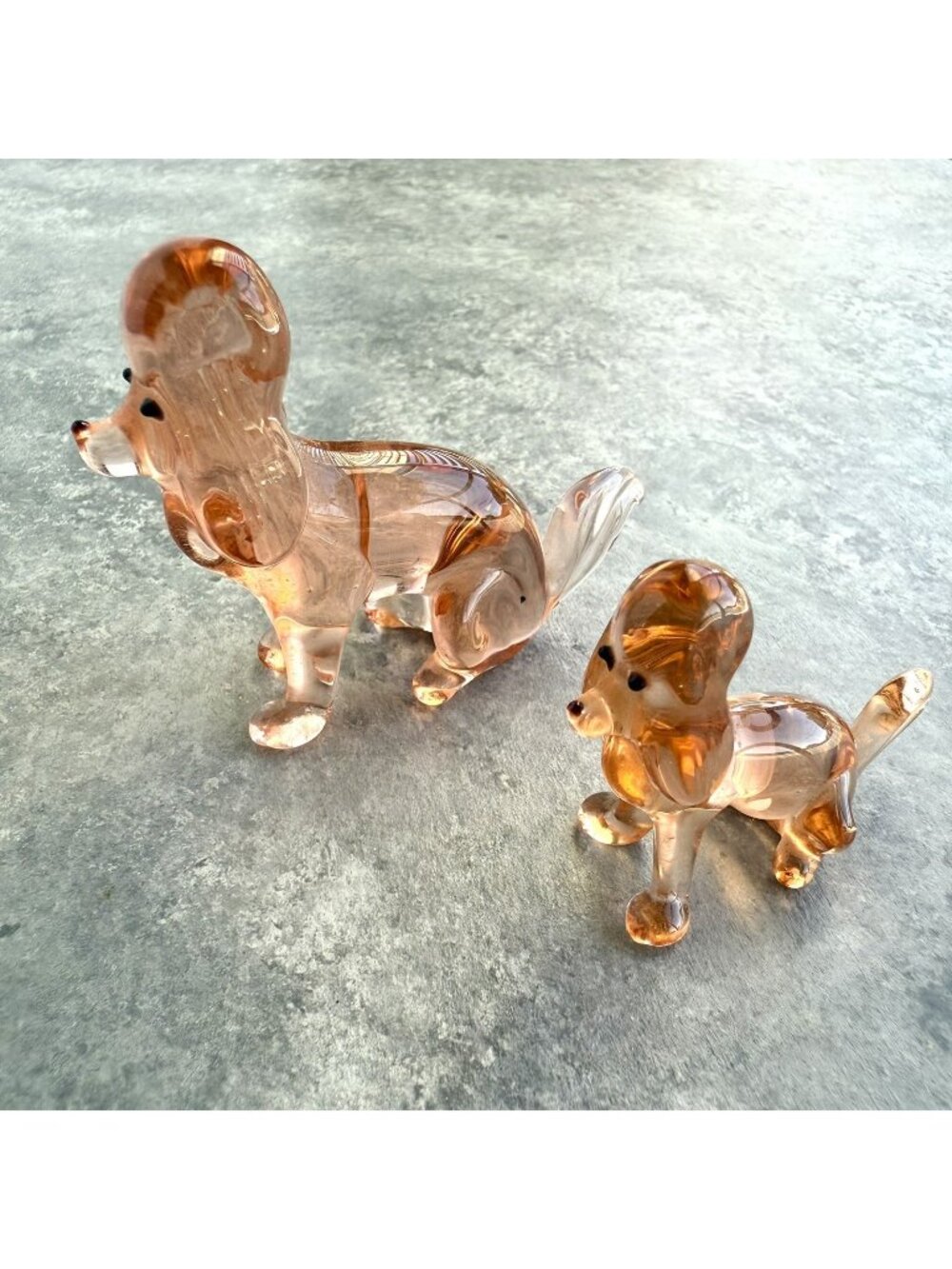 Set Of 2 Vintage Miniature Pink Art Glass Poodle Dog Figurines Mama & Baby 2”
